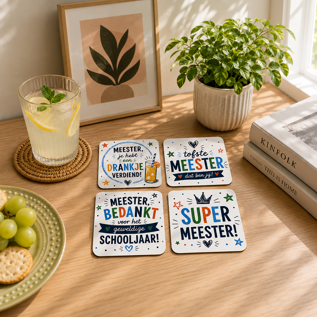 Set van vier vierkante houten onderzetters met kleurrijke teksten en decoraties, speciaal voor de meester.