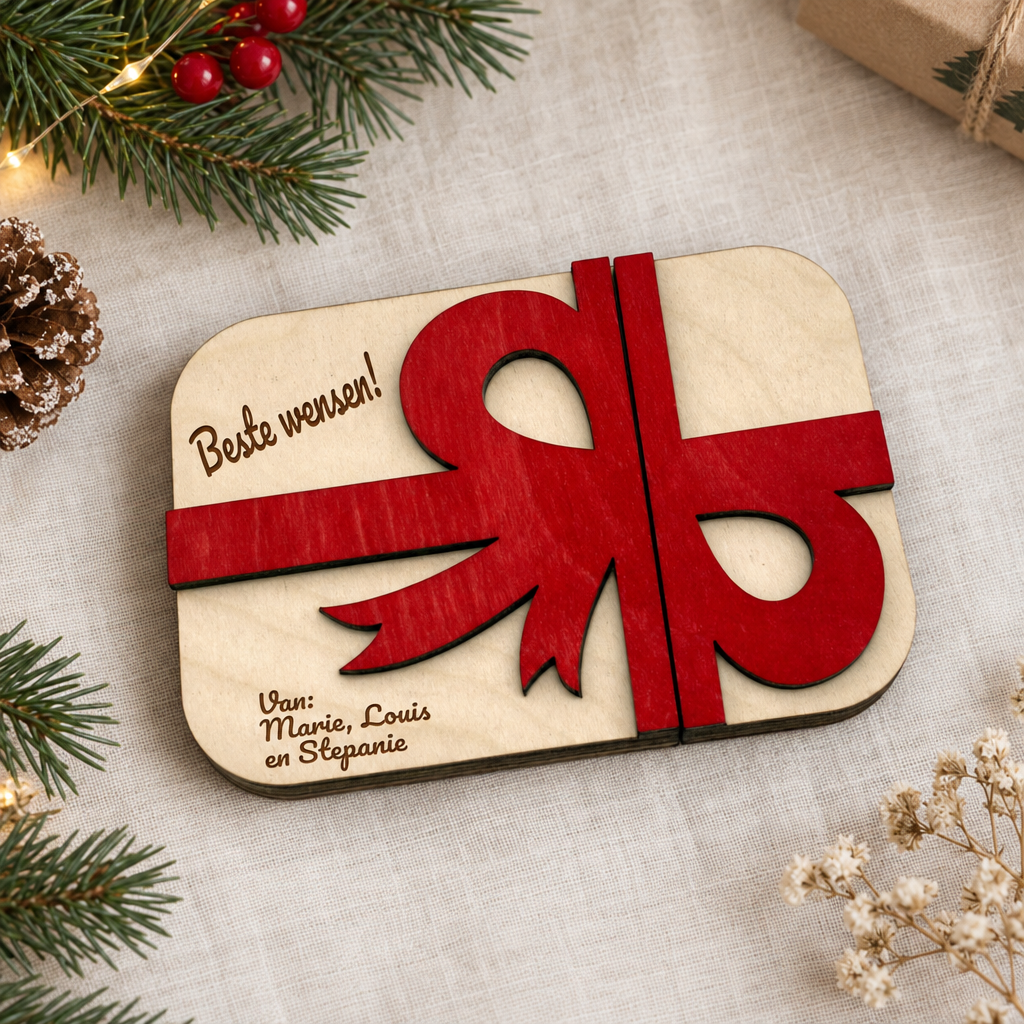 Houten rechthoekige doos met rood lintmotief en gegraveerde tekst "Beste wensen!" en namen Marie, Louis en Stephanie.