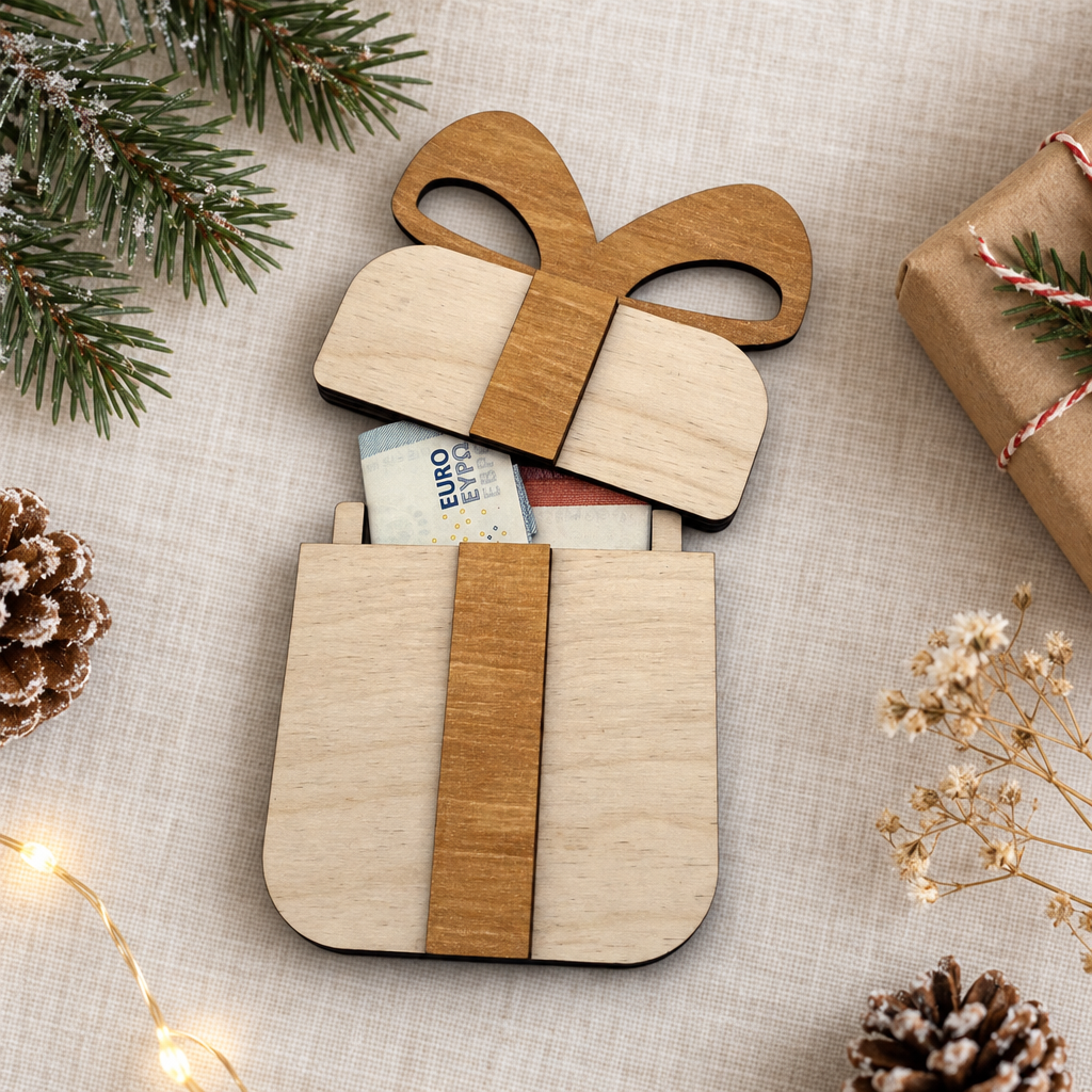 Houten geschenkdoosje in naturel en bruin vormgegeven als cadeau met strik, opengeklapt en gevuld met bankbiljetten.