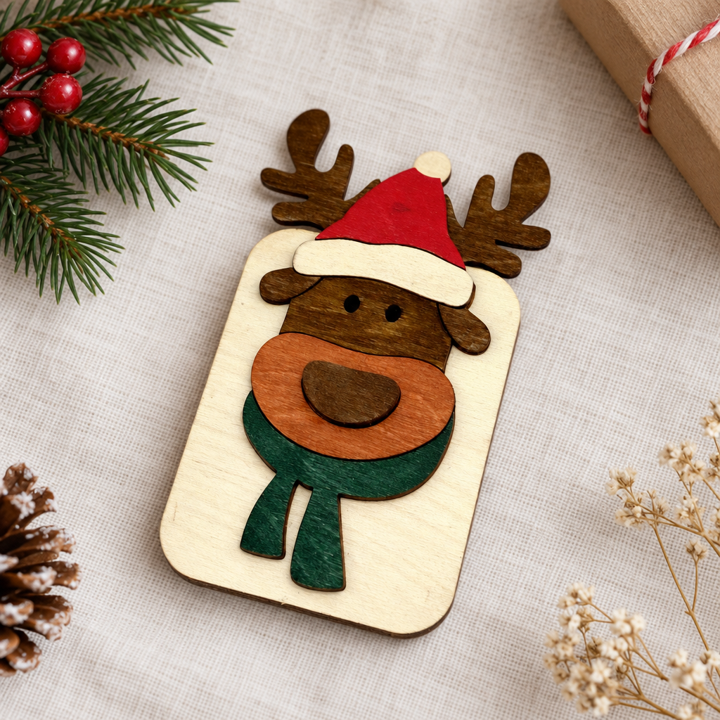 Houten rechthoekige verpakking met een kleurrijke rendierkop in kerstmanmuts en groene sjaal als decoratie.