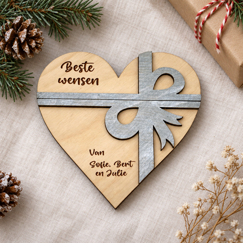 Hartvormige houten geschenkverpakking met een zilverkleurige strikmotief en persoonlijke tekst in donkerbruin.