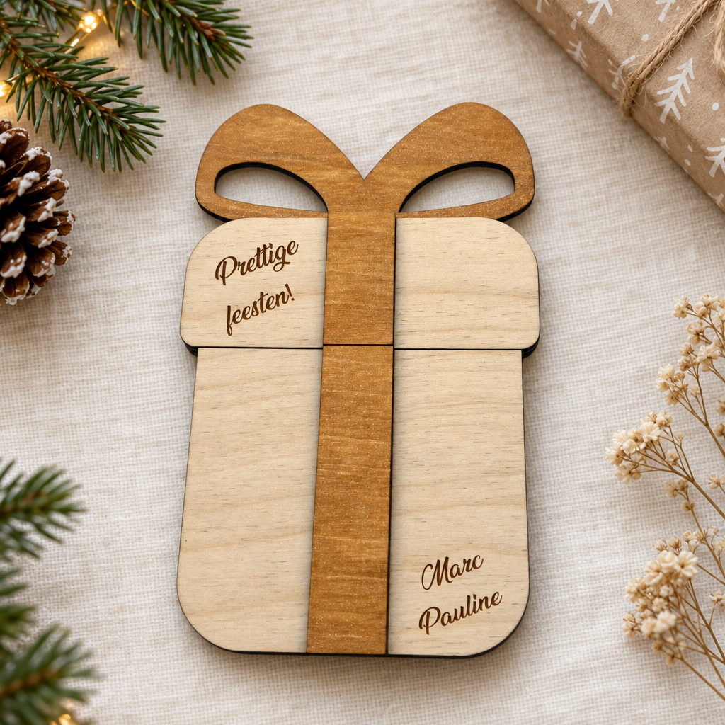 Houten geschenkdoos in de vorm van een cadeau met een strik, licht en donkerbruin, gegraveerd met "Prettige feesten!" en namen Marc Pauline.
