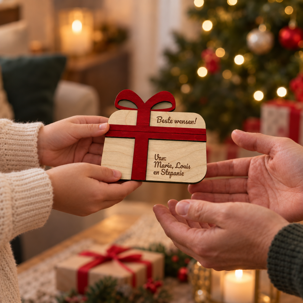 Houten verpakking in de vorm van een cadeau met rood lint, gepersonaliseerd met tekst "Beste wensen!" en namen.