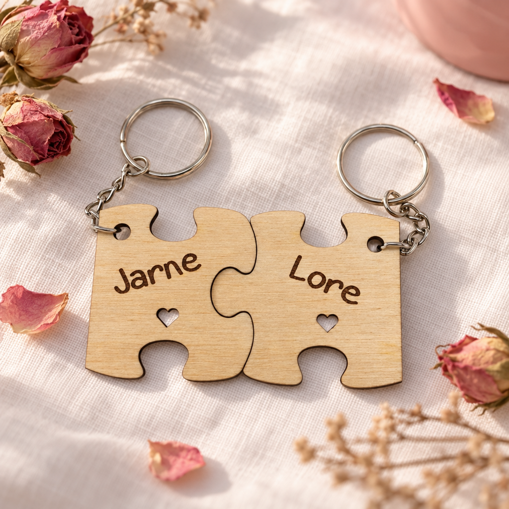 Houten sleutelhanger set van twee puzzelstukken met een hartvormige uitsnede en een gepersonaliseerde naam.