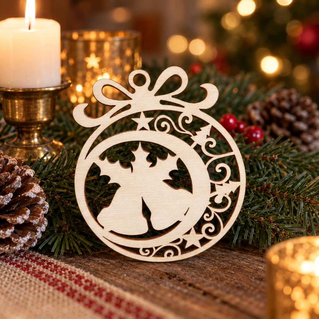 Houten kerstbal in ronde vorm met uitgesneden bellen, sterren en een strik aan de bovenkant.