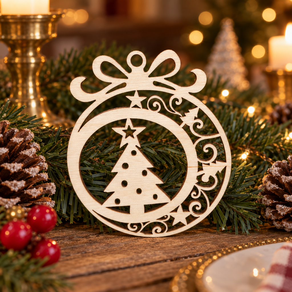 Houten kerstbal met opengewerkte kerstboom, ster en sierlijke krullen in natuurlijke houtkleur.