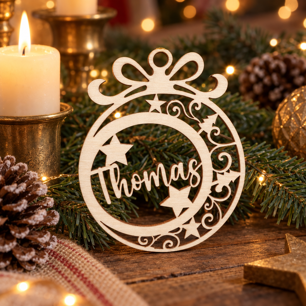 Houten kerstbal met opengewerkt design van sterren en krullen en de naam Thomas in het midden.