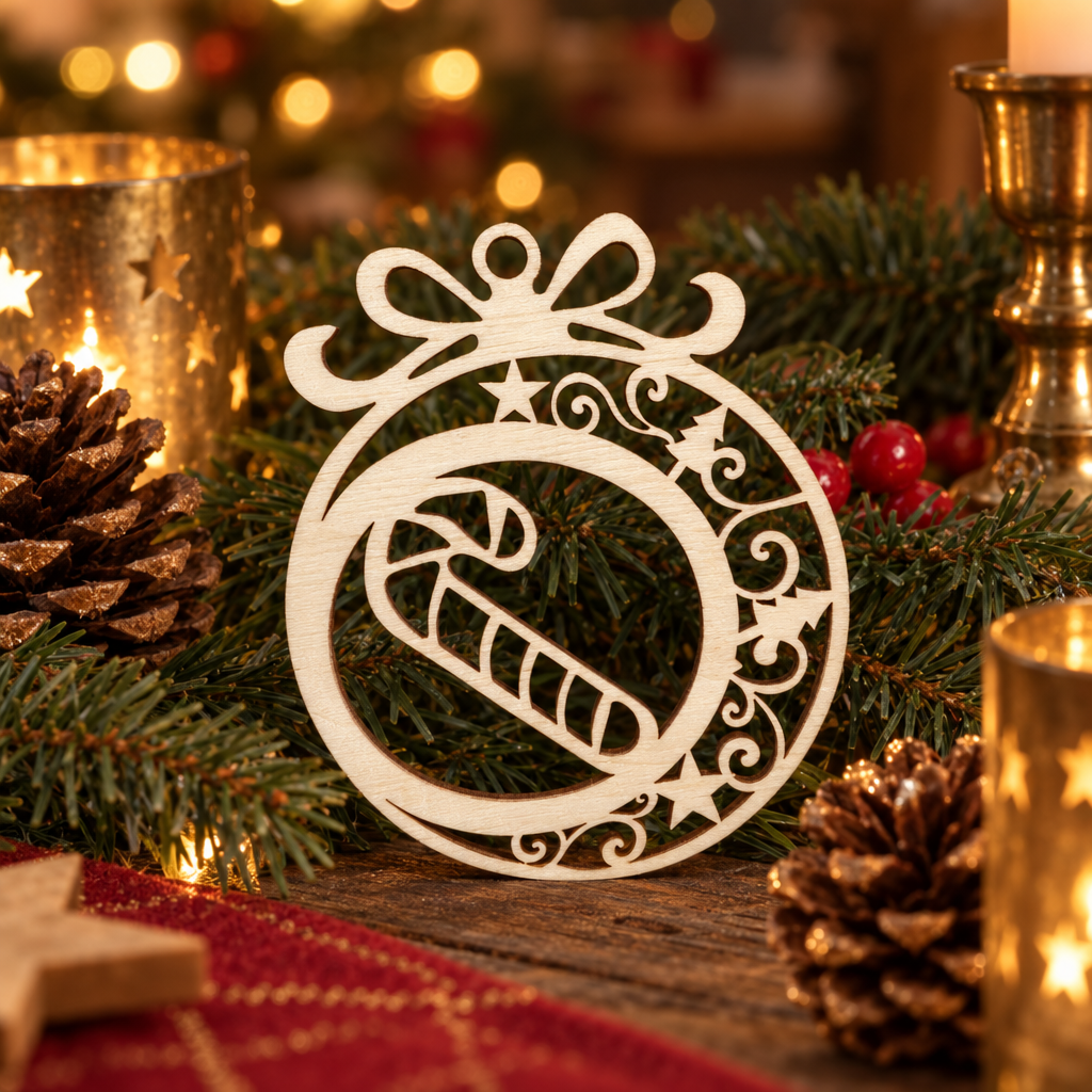 Ronde houten kerstbal met uitgezaagd suikerstokje en versierde rand met sterren en krullen.