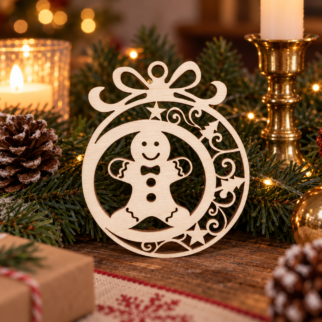 Kerstbal van licht hout met uitgesneden peperkoekmannetje en sterren in ronde vorm met strik aan bovenkant.