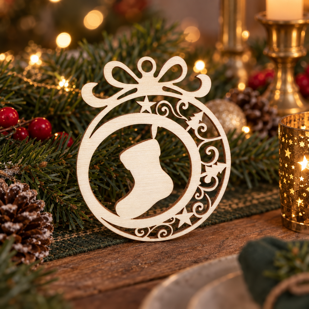 Houten kerstbal in ronde vorm met strik bovenaan, sterren en krullen, en een kerstsok in het midden.