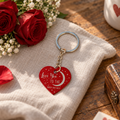 Sleutelhanger met rood metalen hartje in sterrenmotief en halve maan, met een metalen sleutelring.