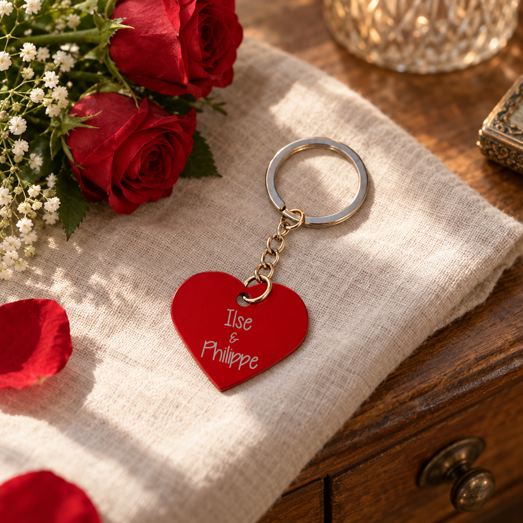 Sleutelhanger met rood metalen hartje en gepersonaliseerde tekst, bevestigd aan zilverkleurige sleutelring.