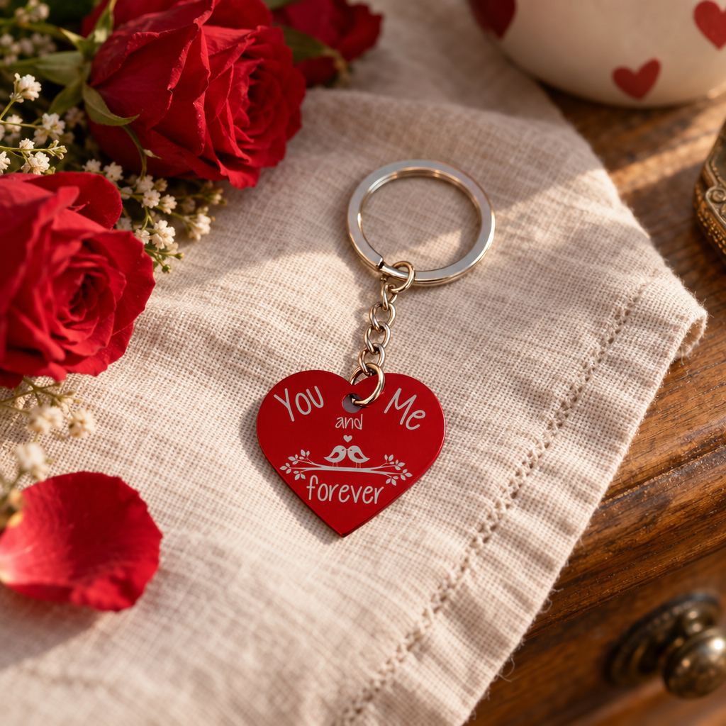 Sleutelhanger met rood metalen hartje met gegraveerde decoratie van twee vogels en een takje.