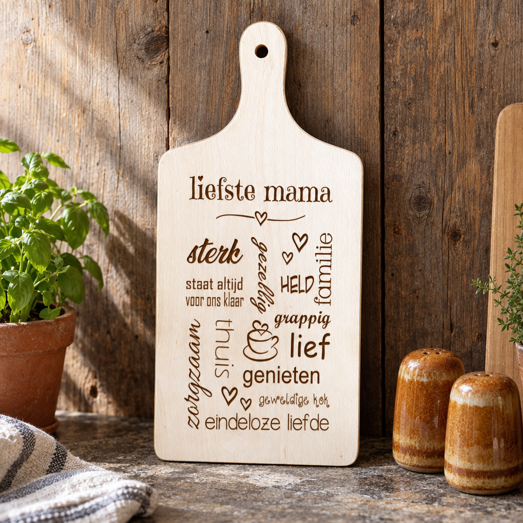 Rechthoekige beukenhouten snijplank met handvat en gegraveerde woorden en kleine tekeningen in verschillende lettertypes.
