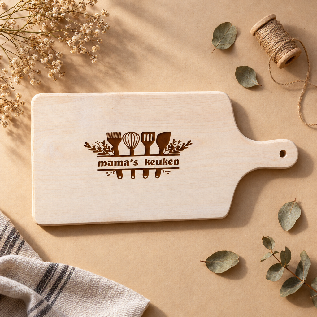 Rechthoekige beukenhouten snijplank met handvat en een gegraveerd ontwerp van keukengerei en een gepersonaliseerde tekst.