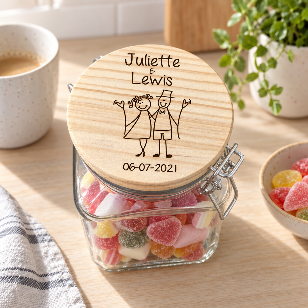 Vierkante glazen snoeppot met houten klepdeksel met gegraveerde namen Juliette & Lewis en datum 06-07-2021.
