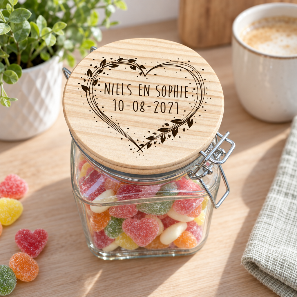 Vierkante glazen snoeppot met houten deksel gegraveerd met hart, namen Niels en Sophie en datum 10-08-2021.