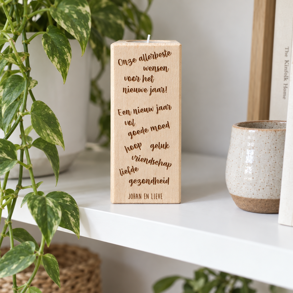 Theelichthouder van beukenhout, rechthoekig, 13 cm hoog, met gegraveerde Nederlandse nieuwjaarswensen en namen Johan en Lieve.