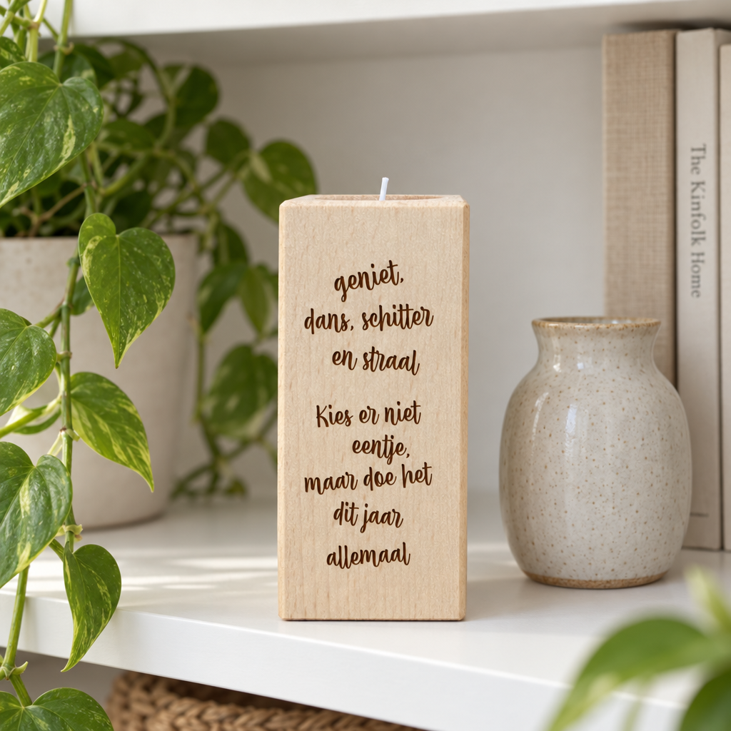 Rechthoekige beukenhouten theelichthouder van 13 cm met zwarte gravure tekst in sierletters voor één kaarsje.