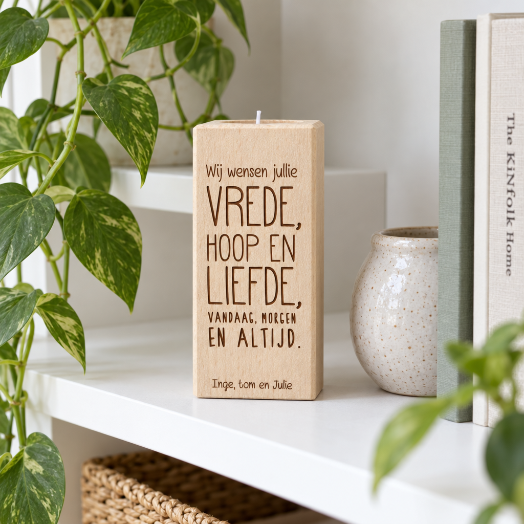 Rechthoekige beukenhouten theelichthouder van 13 cm met gegraveerde tekst en namen aan één zijde, lichtbruin van kleur.
