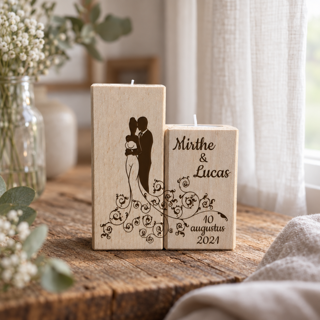 Twee rechthoekige houten theelichthouders met afbeelding van een koppel en de tekst Mirthe & Lucas 10 augustus 2021.