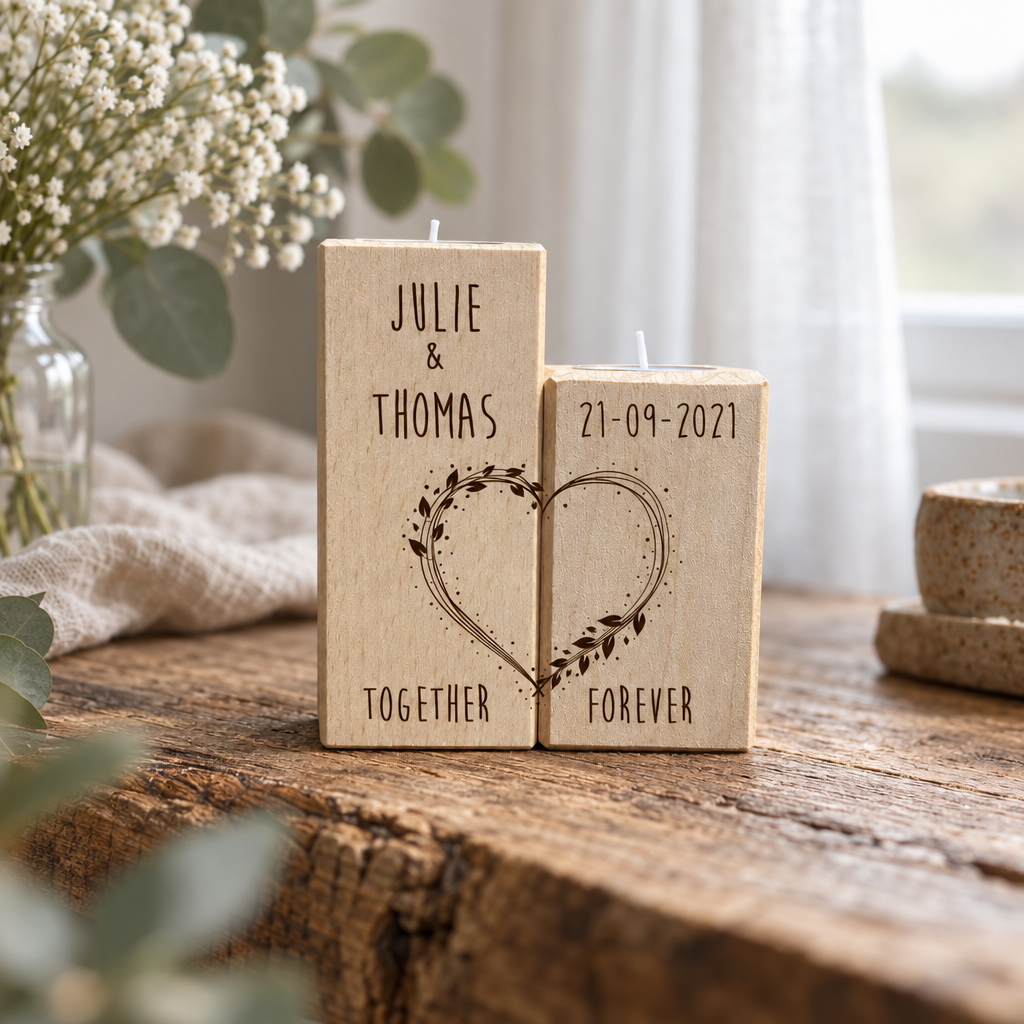 Set van twee rechthoekige houten theelichthouders met hartmotief en gravure "Julie & Thomas", "21-09-2021", "Together Forever