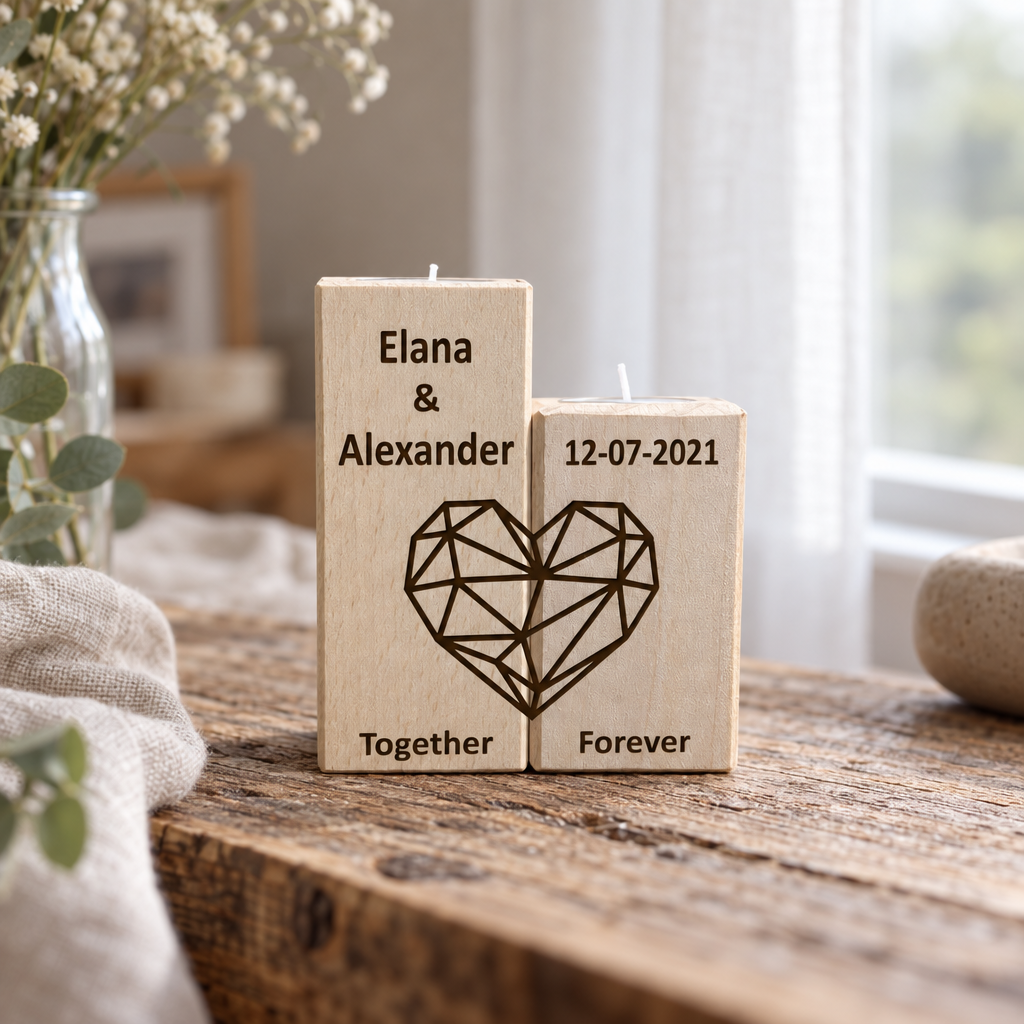 Set van twee houten theelichthouders met zwarte geometrische harttekening en naam Elana & Alexander met datum 12-07-2021.