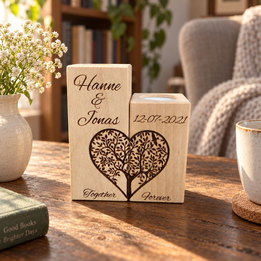 Set van twee rechthoekige houten theelichthouders met gegraveerde namen, datum en een hartvormige boomdecoratie.