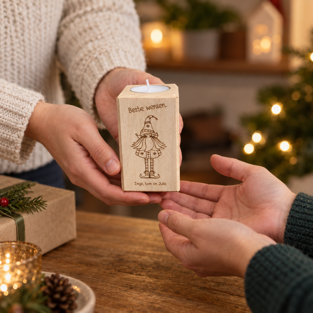 Vierkante beukenhouten theelichthouder van 10 cm met gegraveerde kerstkabouter en tekst Beste wensen.