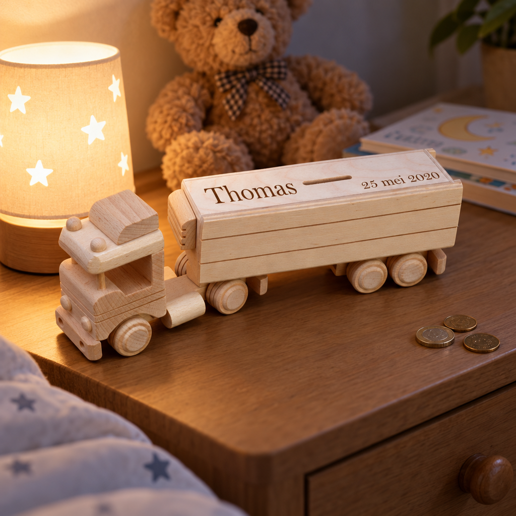 Beukenhouten vrachtwagen met oplegger spaarpot, licht van kleur met een gepersonaliseerde tekst bovenop de oplegger.