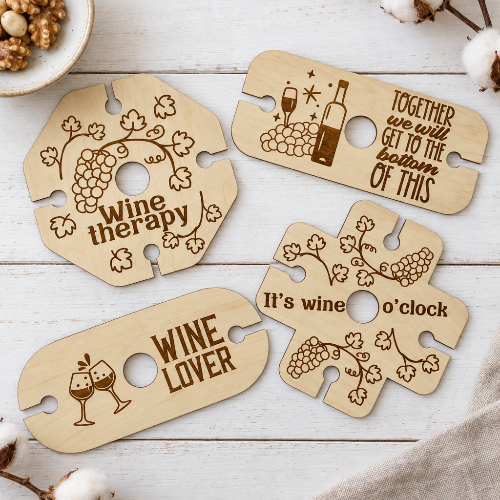 Vier houten wijnglashouders in verschillende vormen met gravures van druiven, wijnglazen en teksten als wine therapy en WINE LOVER.